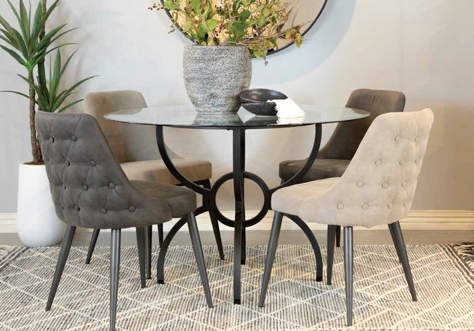 Coaster 108291A 5 pc 17 stories guttenberg aviano 48" round clear glass top gunmetal metal base dining table set