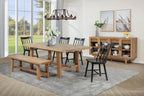 Coaster 108540-S6B  6 pc Middleton natural brown finish wood modern farmhouse dining table set black spindle back chairs and wood bench