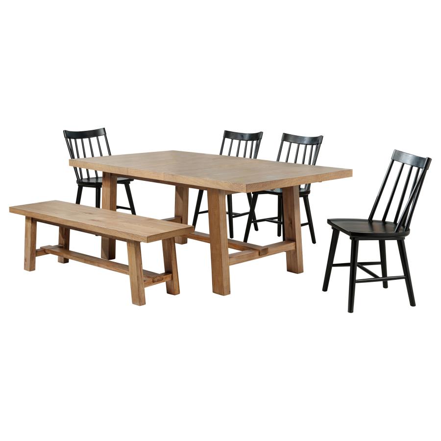 Coaster 108540-S6B  6 pc Middleton natural brown finish wood modern farmhouse dining table set black spindle back chairs and wood bench