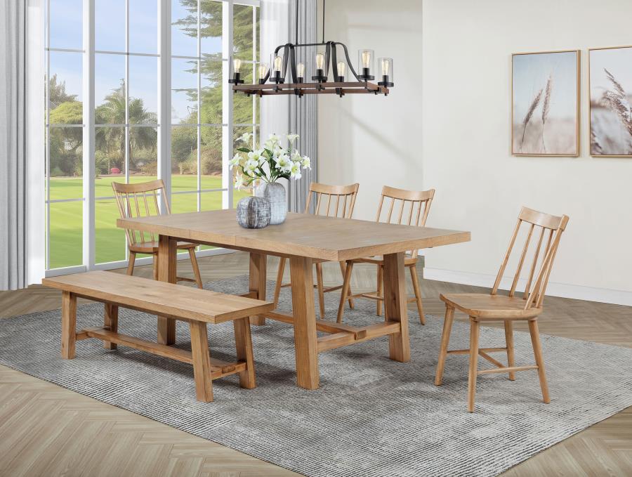 Coaster 108540-S6N  6 pc Middleton natural brown finish wood modern farmhouse dining table set spindle back chairs and wood bench