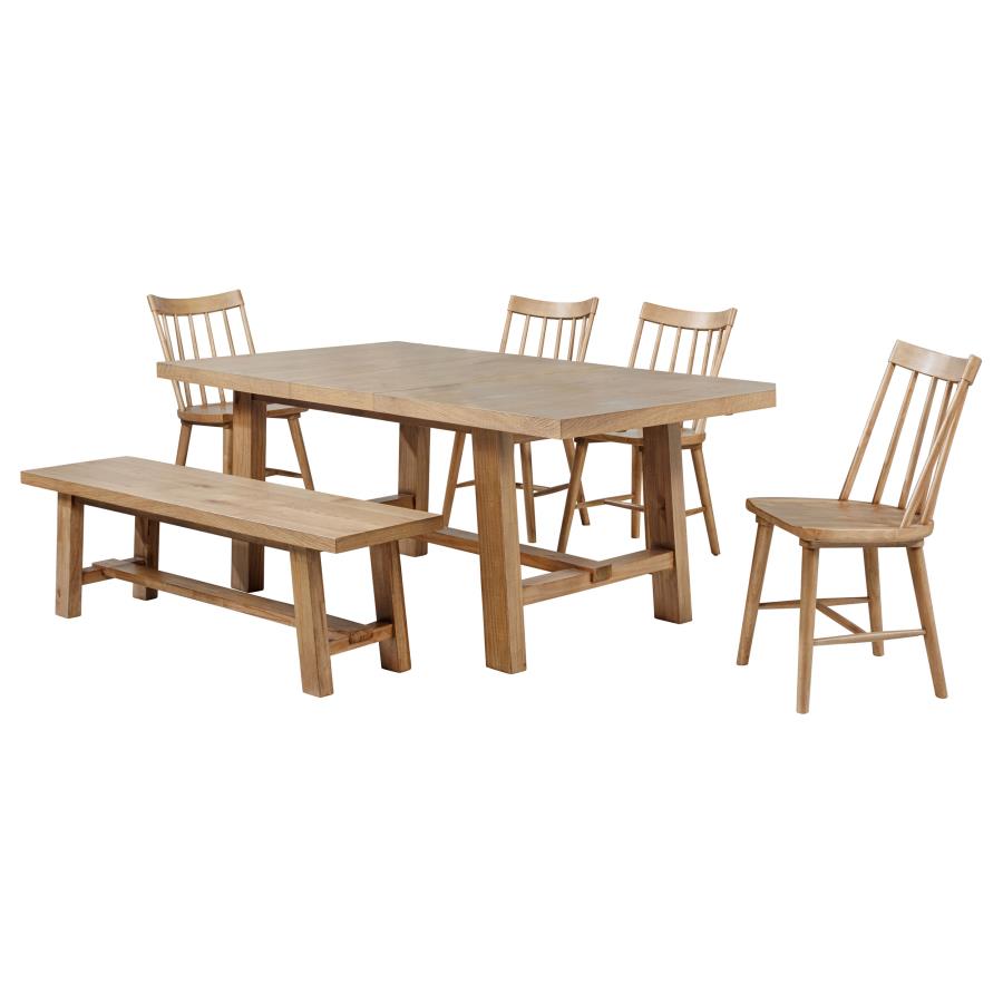 Coaster 108540-S6N  6 pc Middleton natural brown finish wood modern farmhouse dining table set spindle back chairs and wood bench