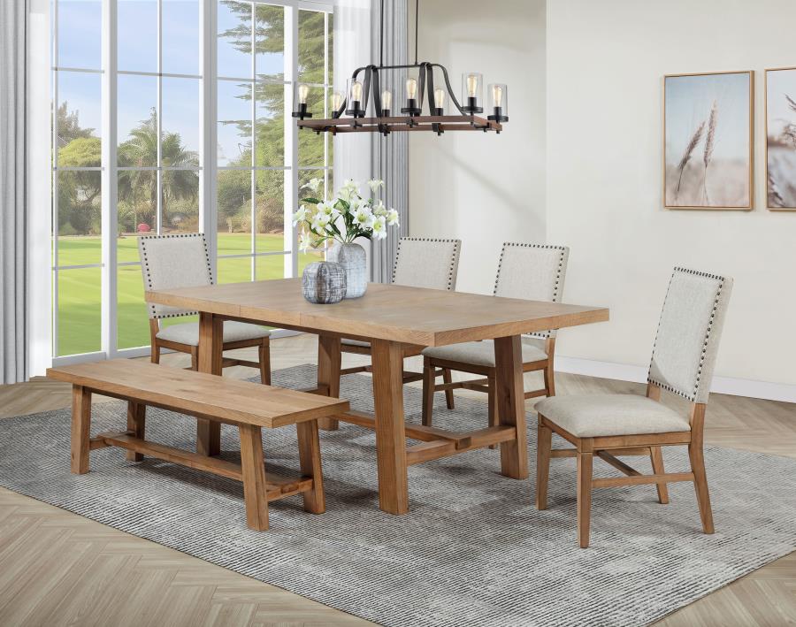 Coaster 108540-S6  6 pc Middleton natural brown finish wood modern farmhouse dining table set upholstered chairs and wood bench