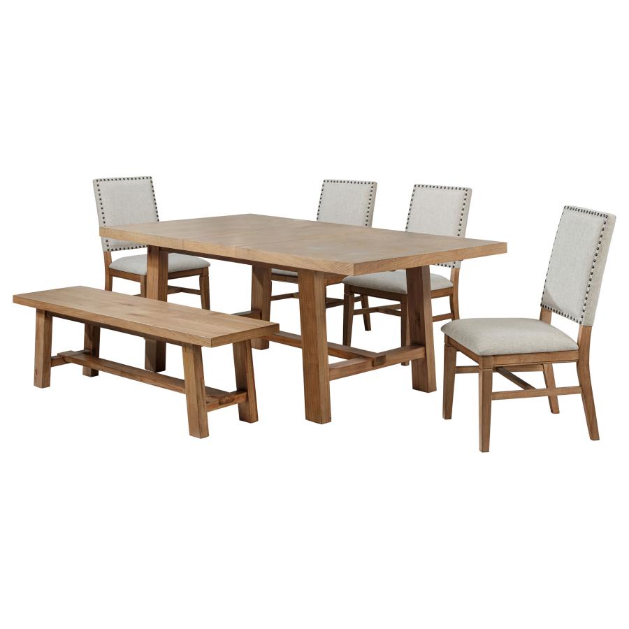 Coaster 108540-S6  6 pc Middleton natural brown finish wood modern farmhouse dining table set upholstered chairs and wood bench