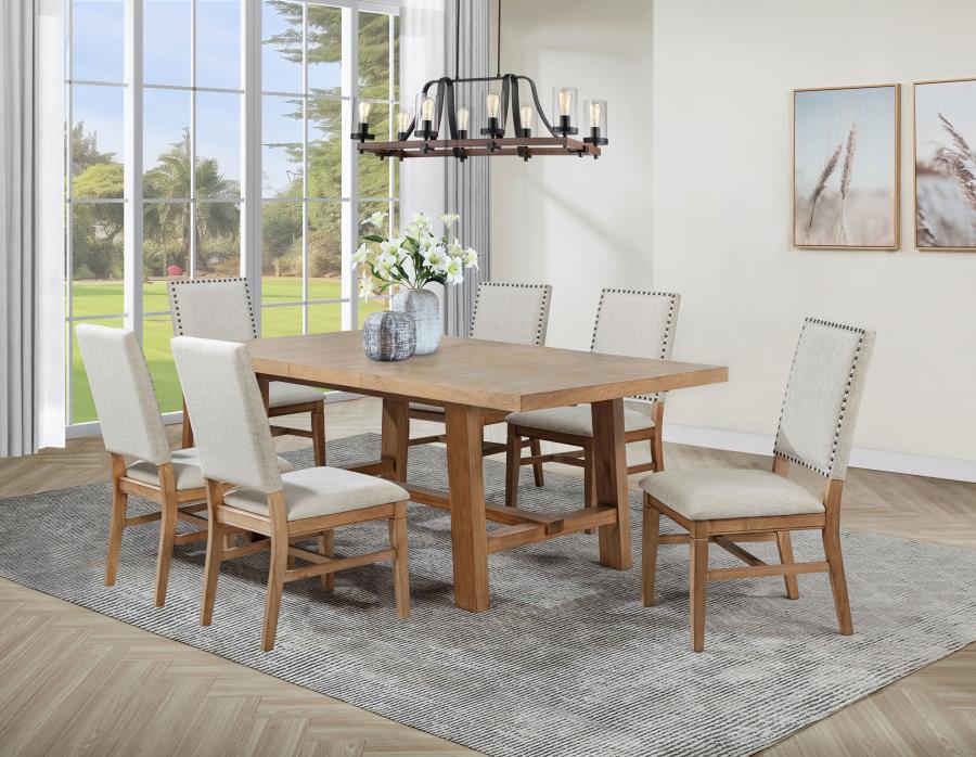 Coaster 108540-S7  7 pc Middleton natural brown finish wood modern farmhouse dining table set upholstered chairs nail head trim