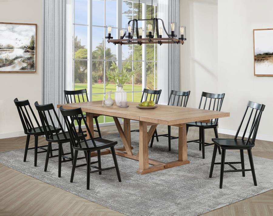 Coaster 108541-S9B  9 pc Middleton natural brown finish wood 106" modern farmhouse dining table set black spindle back chairs