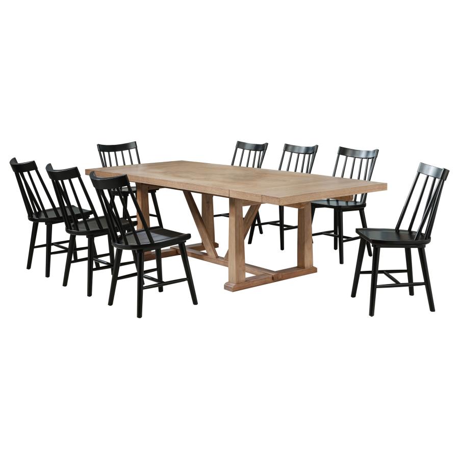 Coaster 108541-S9B  9 pc Middleton natural brown finish wood 106" modern farmhouse dining table set black spindle back chairs
