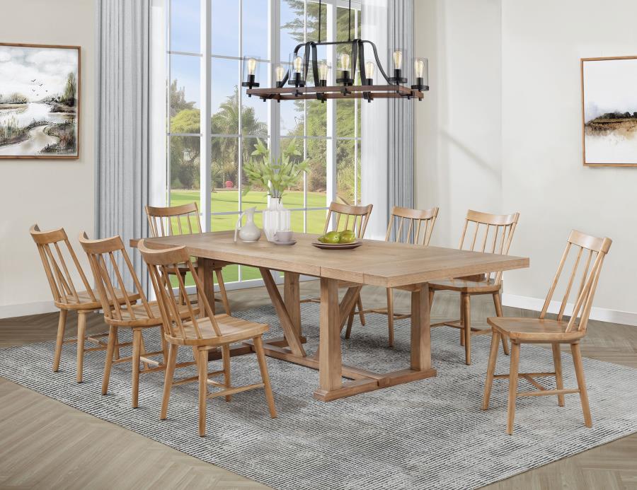 Coaster 108541-S9N  9 pc Middleton natural brown finish wood 106" modern farmhouse dining table set spindle back chairs
