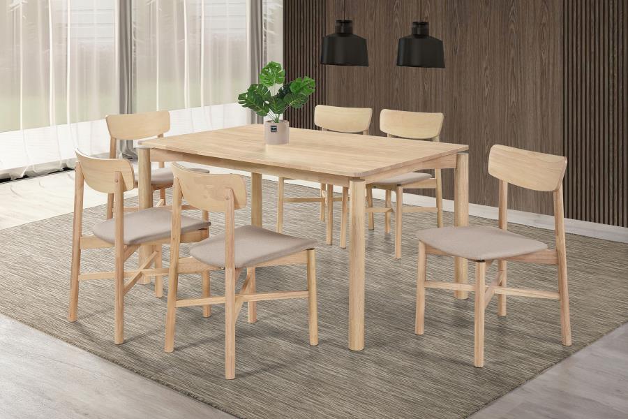 Coaster 108551-S7 7 pc Parkridge white washed finish wood mid-century modern dining table set tan fabric chairs