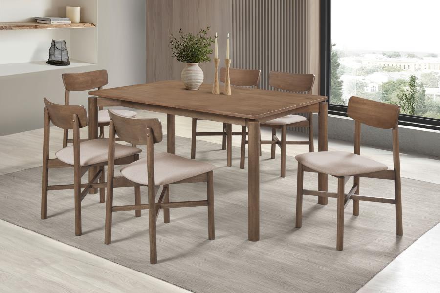 Coaster 108561-S7 7 pc Parkridge natural walnut finish wood mid-century modern dining table set tan fabric chairs