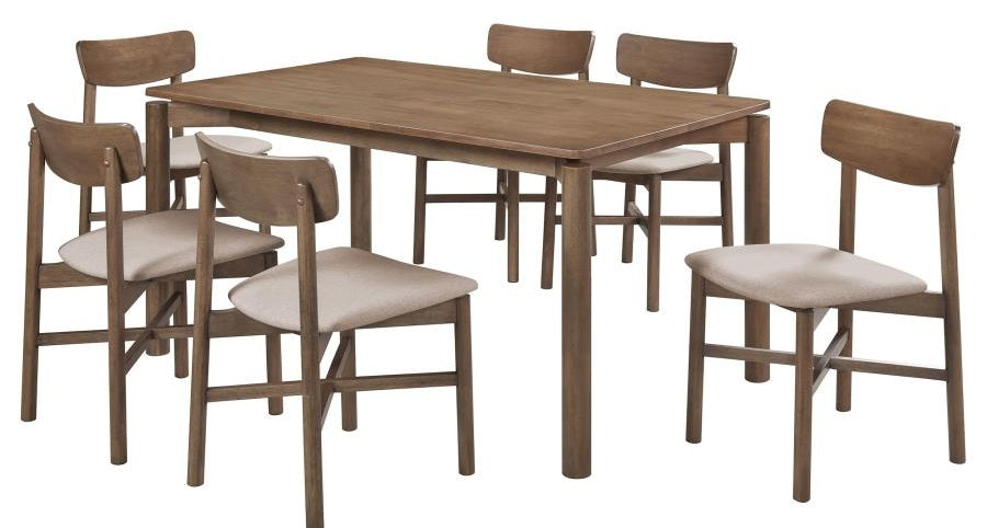 Coaster 108561-S7 7 pc Parkridge natural walnut finish wood mid-century modern dining table set tan fabric chairs