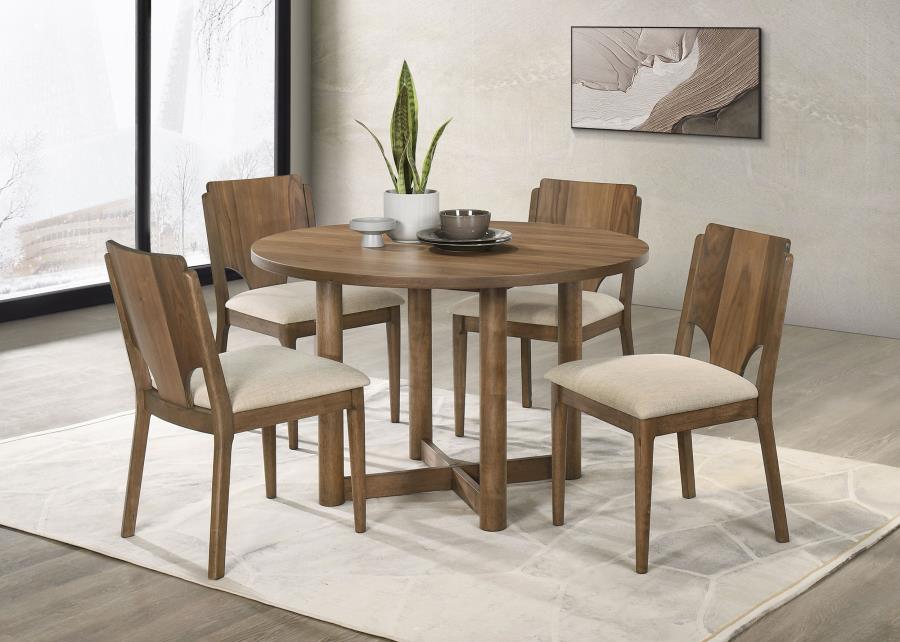 Coaster 108570-S5 5 pc Biltmore walnut finish wood classic modern style 46" round dining table set grey fabric chairs