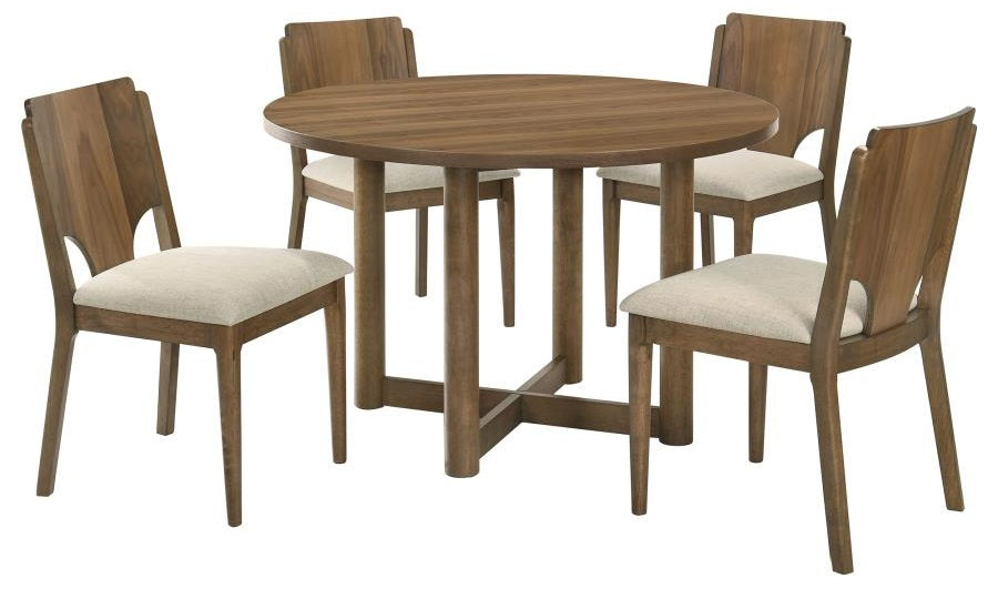 Coaster 108570-S5 5 pc Biltmore walnut finish wood classic modern style 46" round dining table set grey fabric chairs