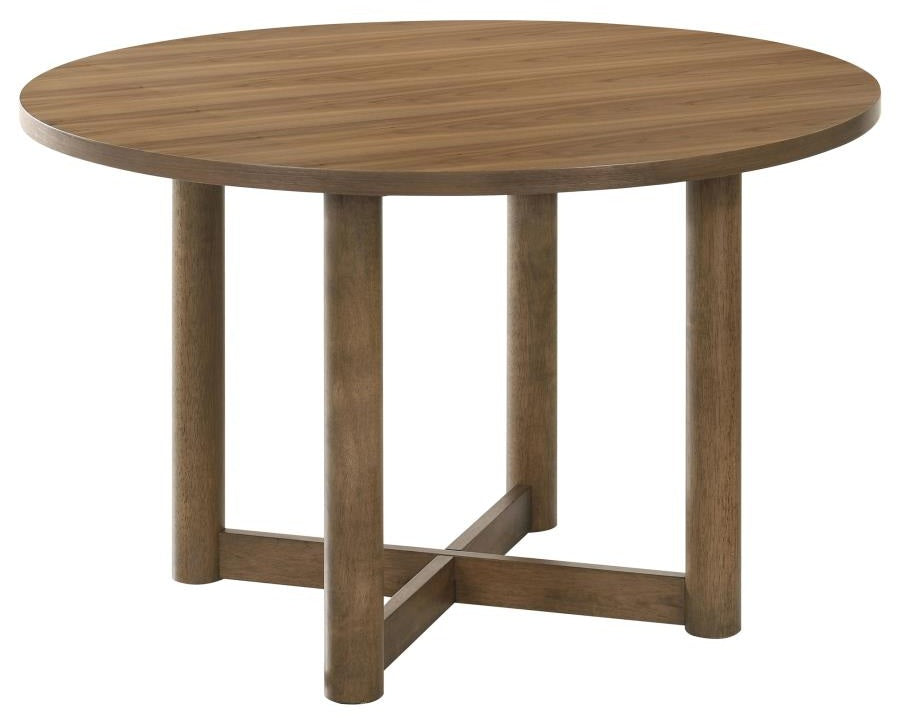 Coaster 108570-S5 5 pc Biltmore walnut finish wood classic modern style 46" round dining table set grey fabric chairs