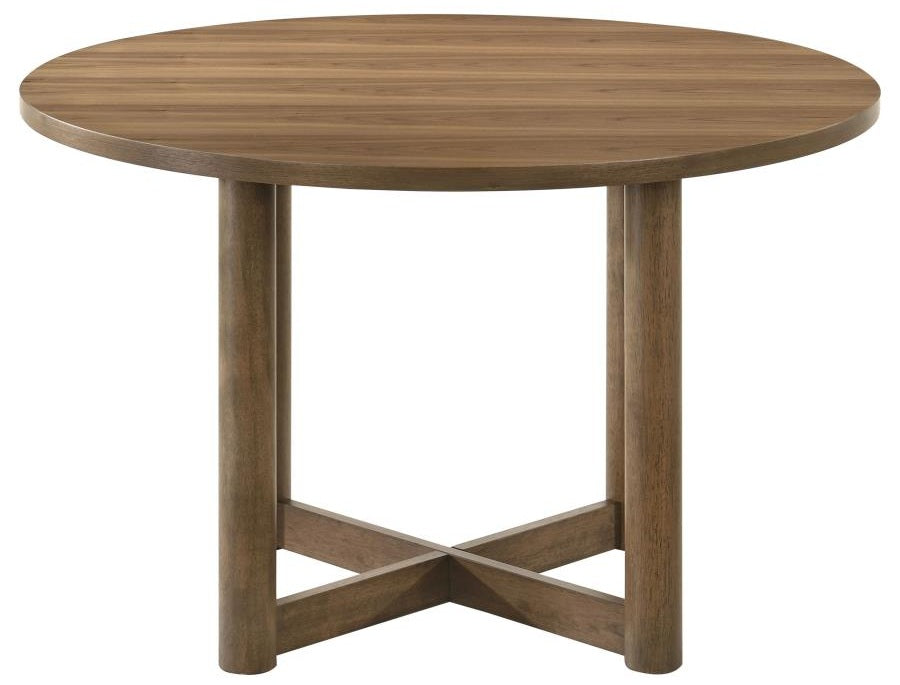 Coaster 108570-S5 5 pc Biltmore walnut finish wood classic modern style 46" round dining table set grey fabric chairs
