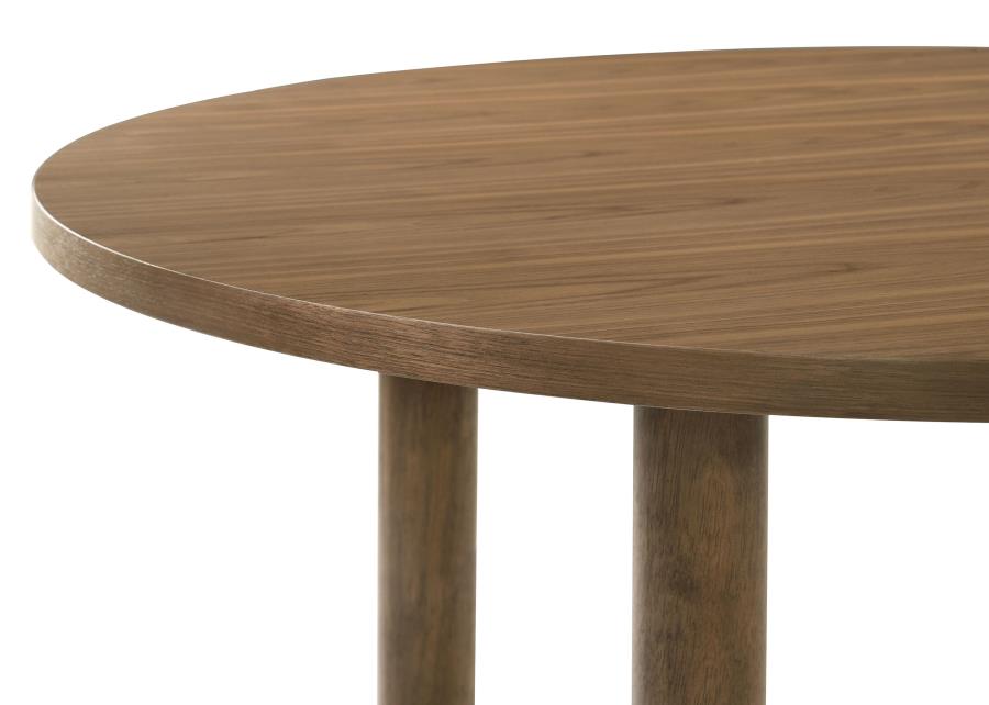 Coaster 108570-S5 5 pc Biltmore walnut finish wood classic modern style 46" round dining table set grey fabric chairs