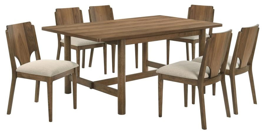 Coaster 108571-S7 7 pc Biltmore walnut finish wood classic modern style dining table set grey fabric chairs