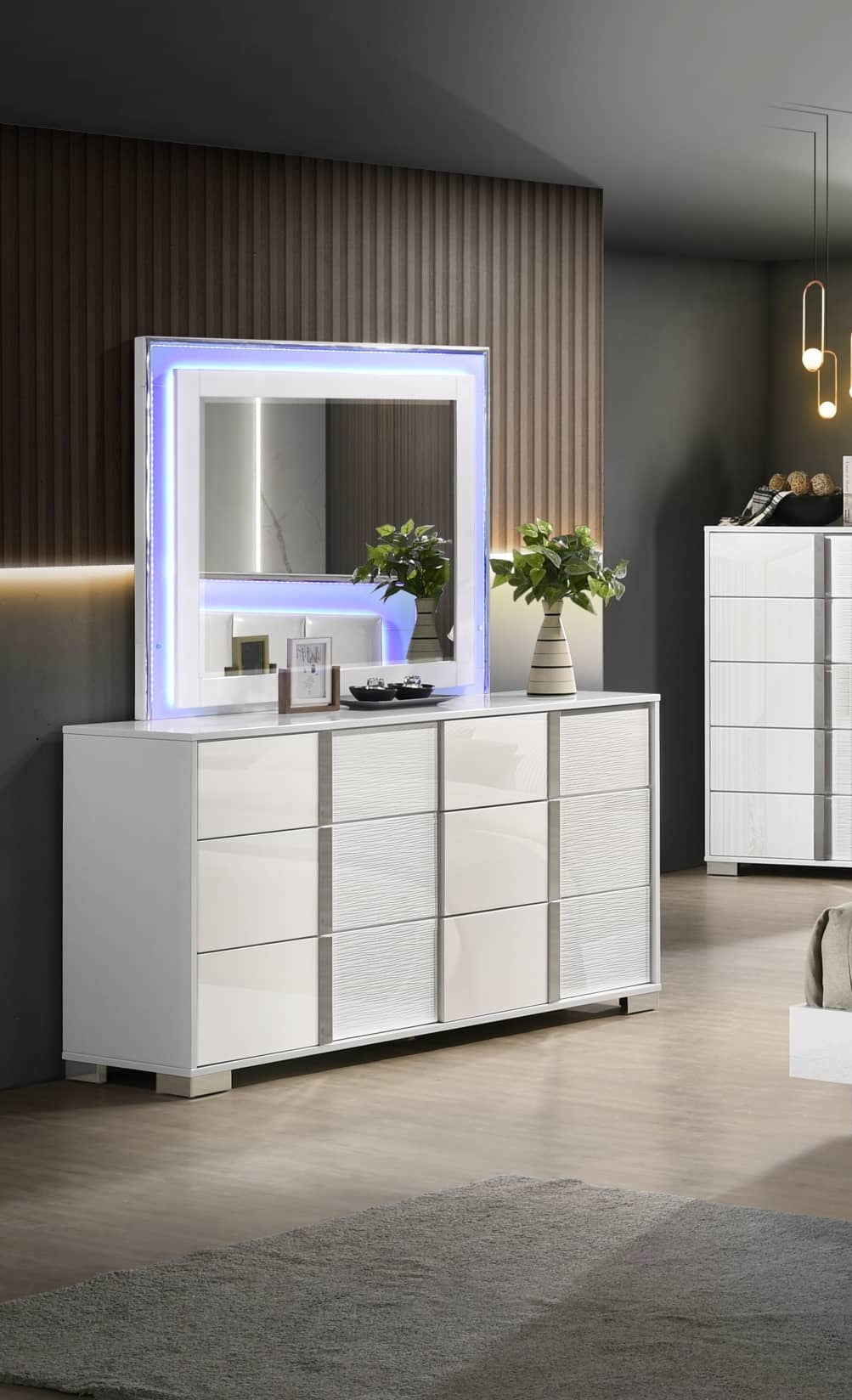 B750-4PC 4 pc Elma white high gloss lacquer finish faux leather queen platform bedroom set with LED