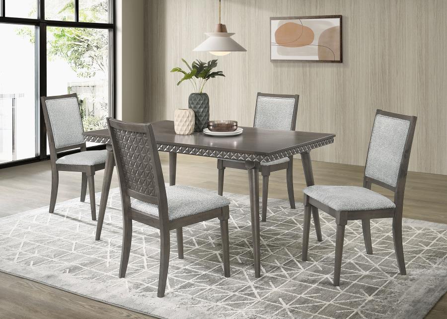 Coaster 108921-S5 5 pc Onslow dark brown finish wood 3D embossed design dining table set grey fabric chairs