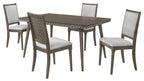 Coaster 108921-S5 5 pc Onslow dark brown finish wood 3D embossed design dining table set grey fabric chairs