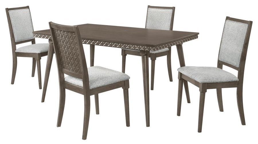 Coaster 108921-S5 5 pc Onslow dark brown finish wood 3D embossed design dining table set grey fabric chairs