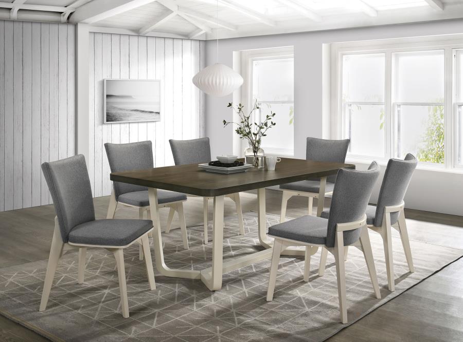 Coaster 108681-S7 7 pc Biloxi greyish brown finish wood top antique white legs dining table set grey fabric dining chairs