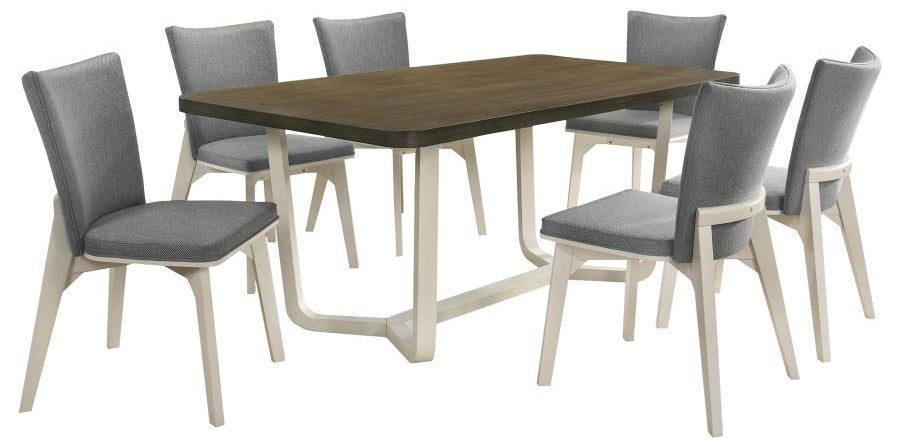 Coaster 108681-S7 7 pc Biloxi greyish brown finish wood top antique white legs dining table set grey fabric dining chairs