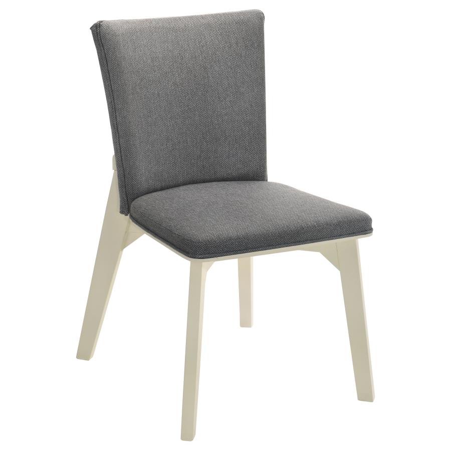 Coaster 108681-S7 7 pc Biloxi greyish brown finish wood top antique white legs dining table set grey fabric dining chairs