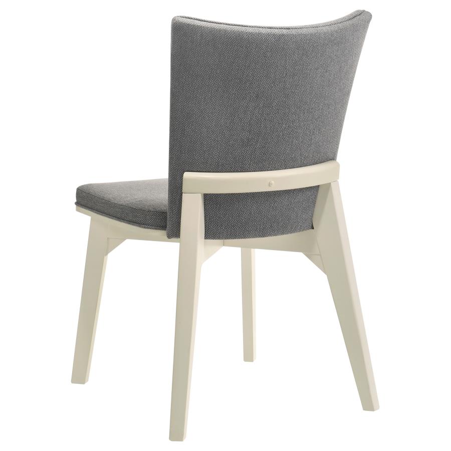 Coaster 108681-S7 7 pc Biloxi greyish brown finish wood top antique white legs dining table set grey fabric dining chairs