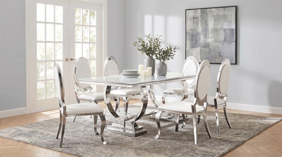 Antoine White Tempered Glass 7-Piece Dining Set with Cream White Chairs – 108811-S7W