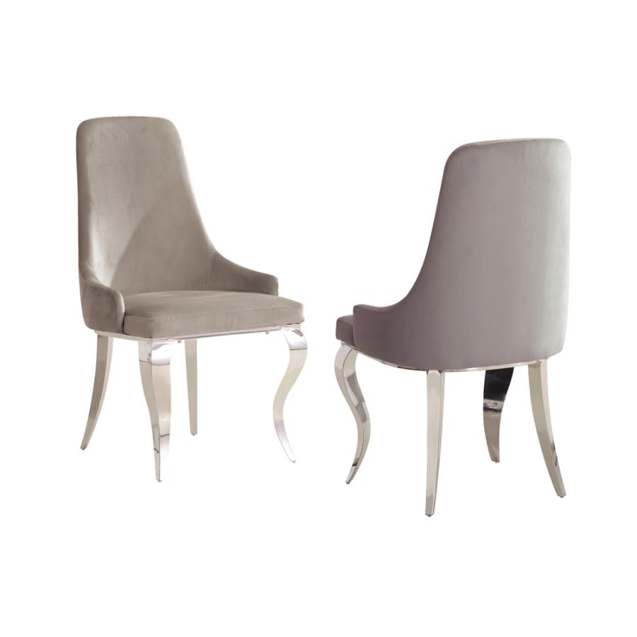 Coaster 108812 Set of 2 Rosdorf park antoine grey velvet upholstered chrome metal legs dining chairs