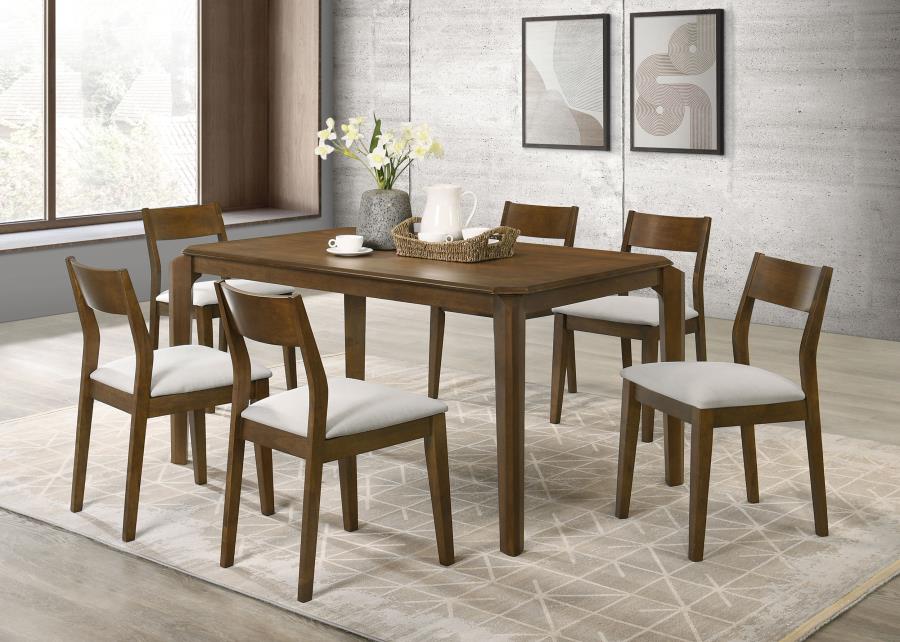 Coaster 108921-S7 7 pc Almonte dark brown finish wood mid-century modern style dining table set beige fabric chairs