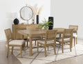Coaster 108931-S7W 7 pc Arini sand wash finish wood rounded corners 104" dining table set cream fabric chairs