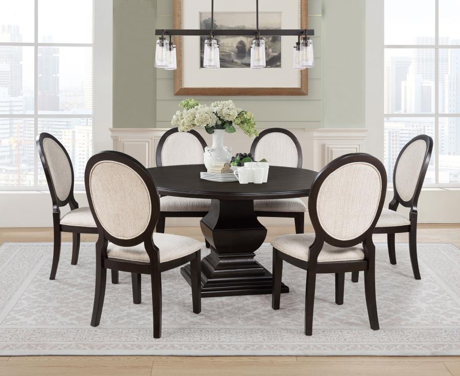 Coaster 109230-S7 7 pc Twyla dark cocoa finish wood 60" round dining table set rounded edge