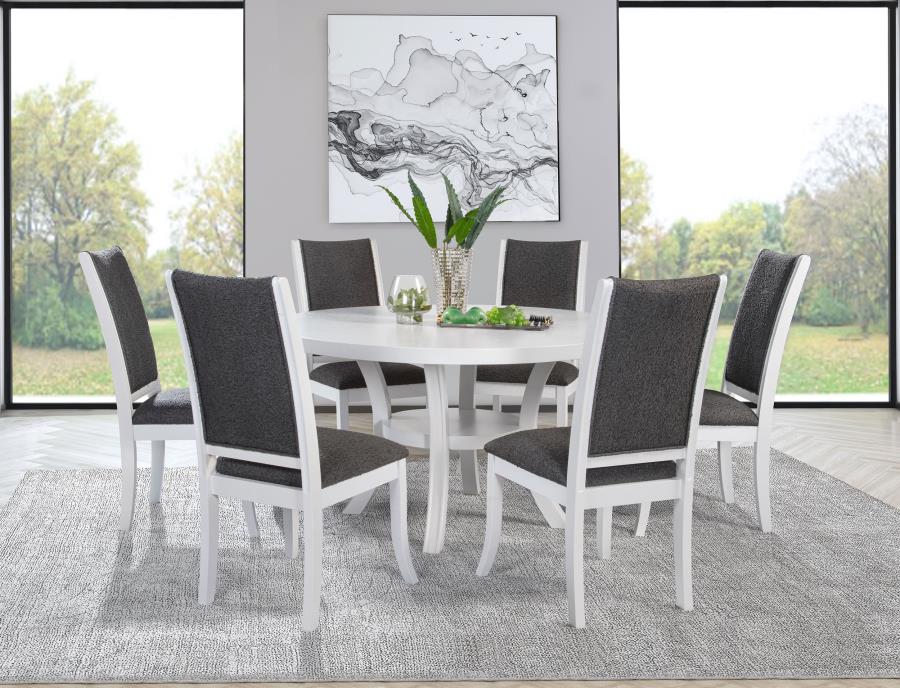 Coaster 109330-S7 7 pc Judd pearl white finish wood 54" round dining table set fabric upholstered seats