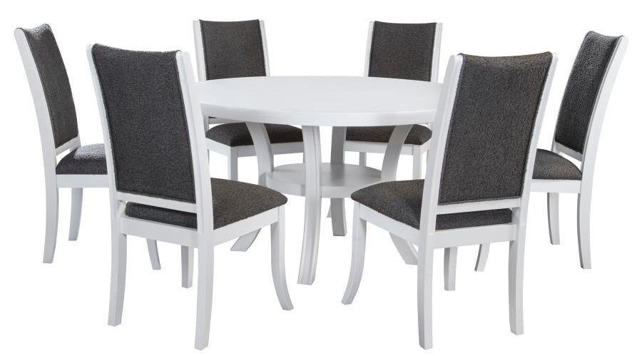 Coaster 109330-S7 7 pc Judd pearl white finish wood 54" round dining table set fabric upholstered seats