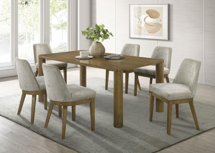 Coaster 109351-S7 7 pc Castlewood brown oak finish wood modern design dining table set light tan chenille dining chairs