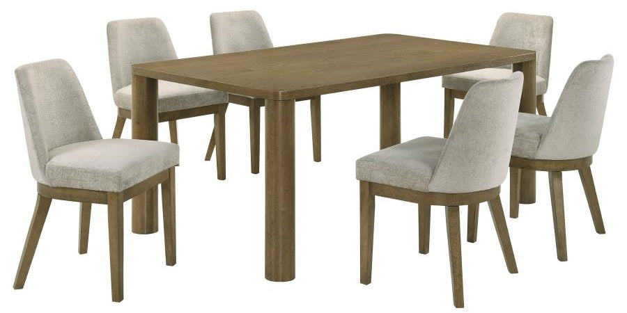 Coaster 109351-S7 7 pc Castlewood brown oak finish wood modern design dining table set light tan chenille dining chairs