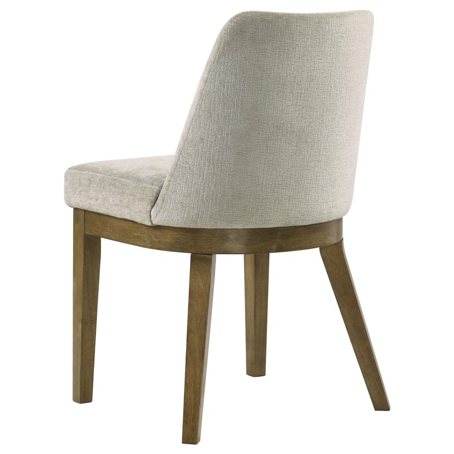 Coaster 109351-S7 7 pc Castlewood brown oak finish wood modern design dining table set light tan chenille dining chairs