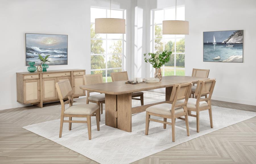Coaster 109381-S7 7 pc Kailani beige oak wood finish 110" rectangular dining table set trestle base