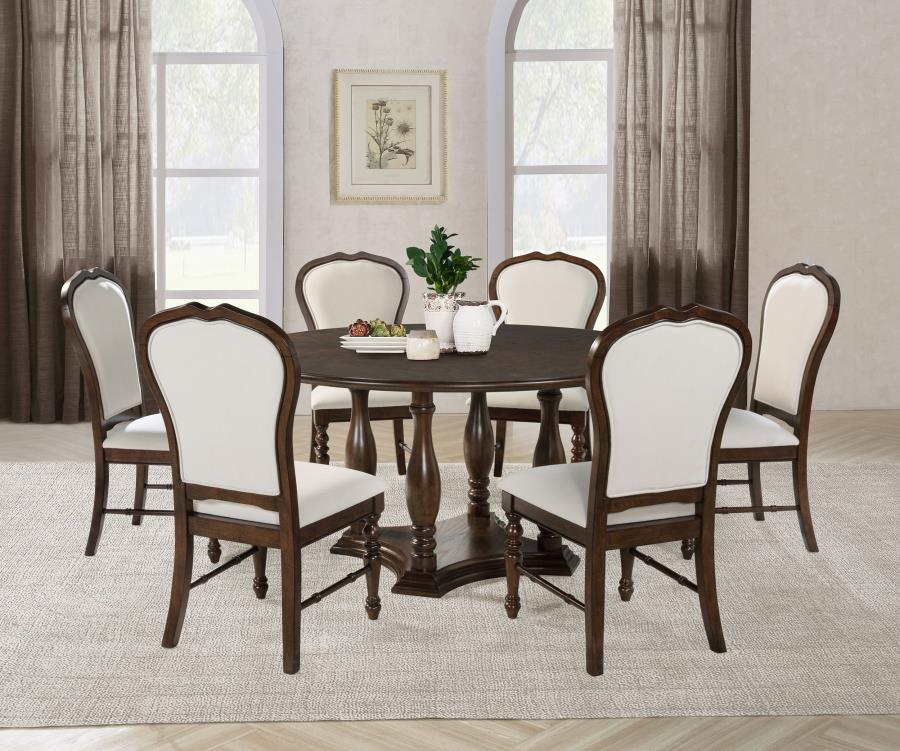 Coaster 109400-S7 7 pc Landon rich brown finish wood 60" round dining table set fabric upholstered seats