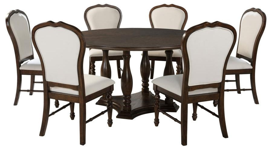 Coaster 109400-S7 7 pc Landon rich brown finish wood 60" round dining table set fabric upholstered seats