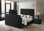 Crown Mark 5213BK josephine black velvet fabric tufted queen bed with TV lift footboard