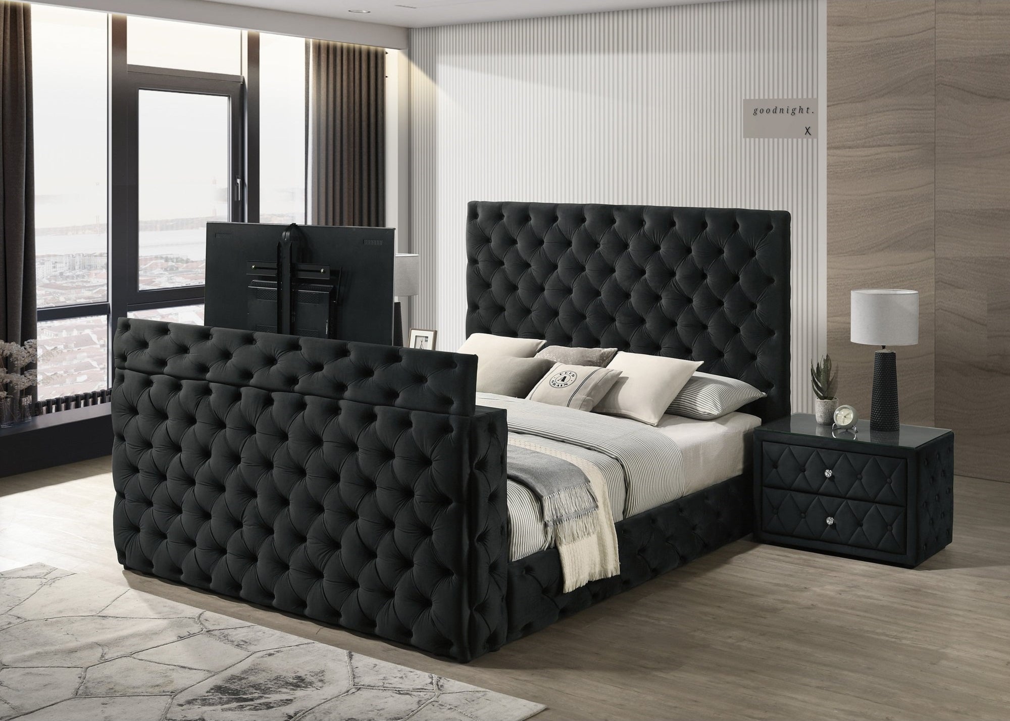 Crown Mark 5213BK josephine black velvet fabric tufted queen bed with TV lift footboard