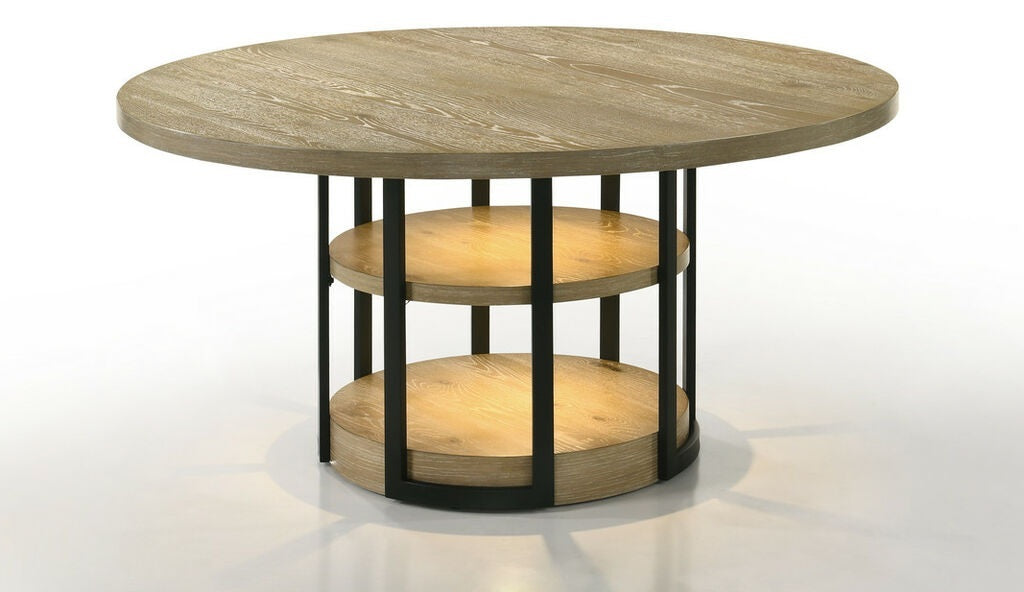 30045-7PC 7 pc Eden rutic oak finish wood 59" round dining table set black metal frame LED lighting