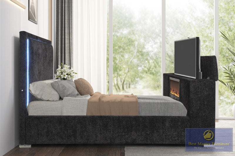Best Master Lumora Black Tufted Fabric Queen Bed with TV Lift, Fireplace & LED Headboard – YY141