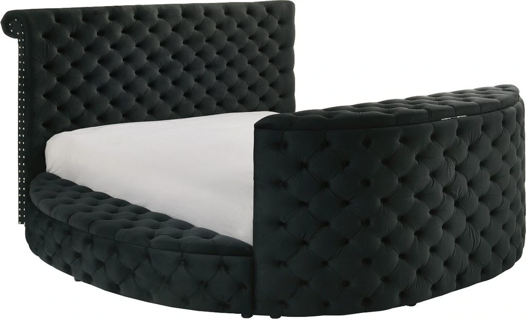 Crown Mark 5212BK Voltare black velvet fabric tufted round queen storage bed with TV lift and built in LED Fireplace