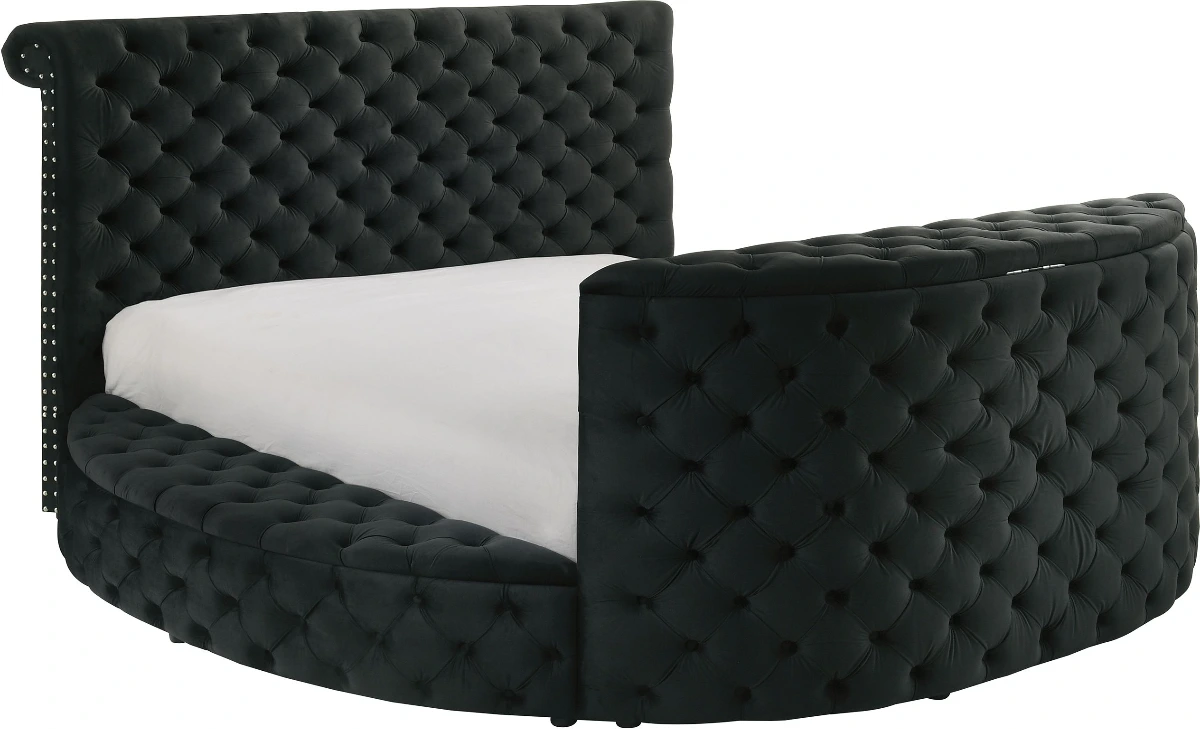Crown Mark 5212BK Voltare black velvet fabric tufted round queen storage bed with TV lift and built in LED Fireplace