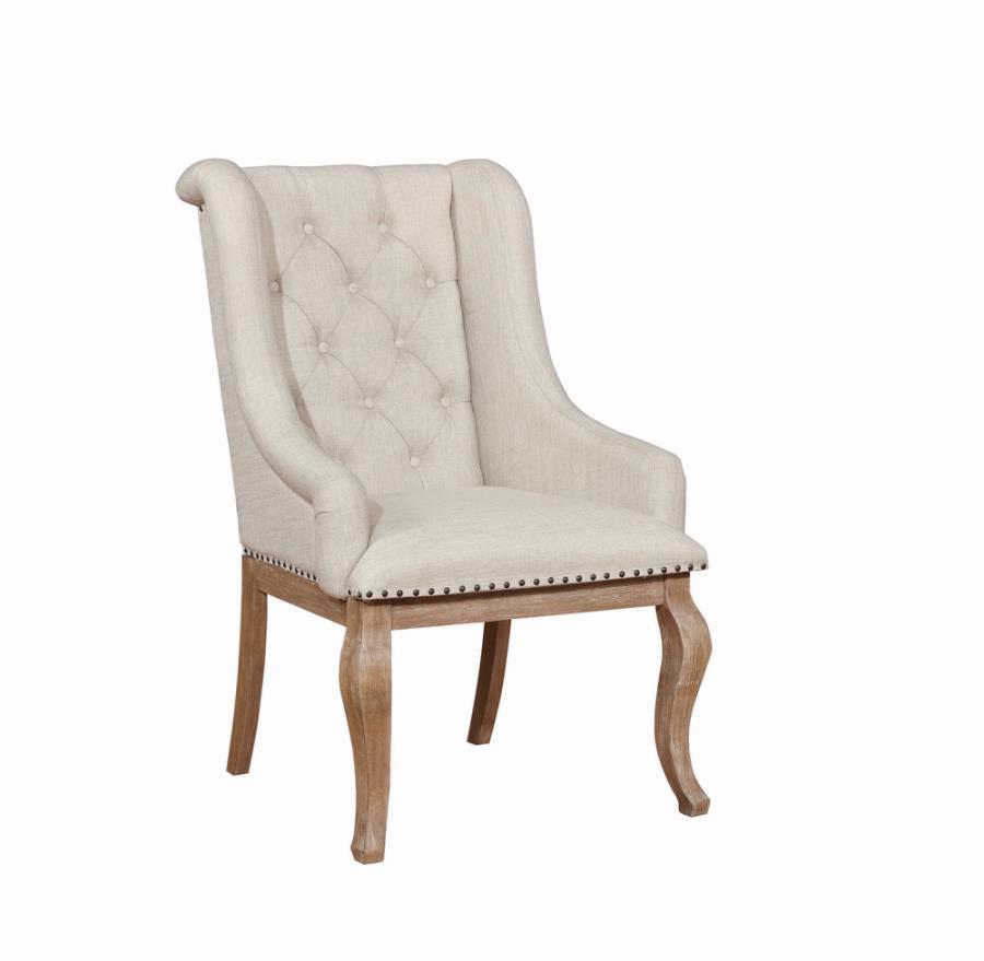 Coaster 110293 Set of 2 One allium way marcelo cream fabric barley brown finish wood legs wing back dining arm chairs