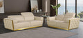 Global United 1111BG-2PC 2 pc Modern style beige Italian leather sofa and love seat set gold metal accents adjustable headrests