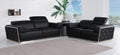 Global United 1111BLK-2PC 2 pc Modern style black Italian leather sofa and love seat set silver metal accents adjustable headrests
